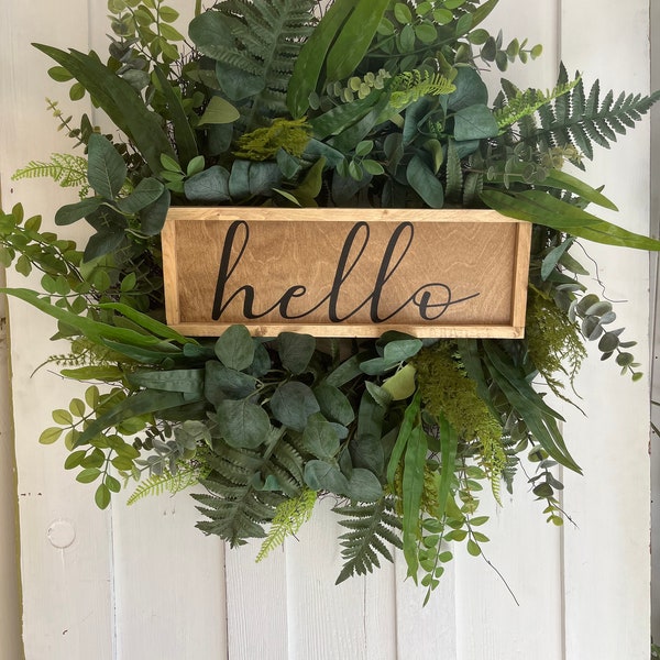 Year round Greenery Wreath, Gift for Her, Farmhouse Wreath, Hello sign wreath/ Housewarming Gift/ Mothers day gift/ Spring wreath