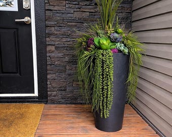 Luxury Front Door Planter Arrangement | Tall Black Outdoor Planter | Designer Faux Greenery Entryway Decor | Large Statement Porch Planter |