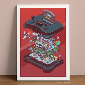 Peut inclure: Un fond rouge avec une console Nintendo 64 noire démontée pour montrer les rouages internes et divers personnages et niveaux de jeux vidéo.