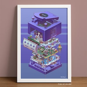 May include: A purple Nintendo 64 console is disassembled, revealing its internal components and various characters from popular video games. The console is shown in a layered, isometric view, with each layer representing a different part of the system. The image is a colorful and detailed illustration of the console's inner workings.