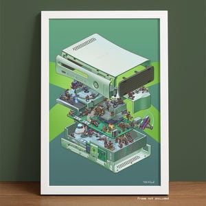 May include: A framed print featuring a detailed illustration of an Xbox 360 console, deconstructed to reveal a miniature battle scene within. The artwork is predominantly green and white, with a white frame. The text "Frame not included" is at the bottom.