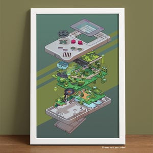 May include: An isometric illustration of a grey handheld gaming console, deconstructed to show its internal components and a green circuit board. The image is framed in a white border, with the text "Frame not included" at the bottom.