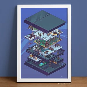May include: Isometric illustration of a disassembled black game console, revealing internal components and miniature figures. The artwork is framed in white, set against a blue background. The text "Frame not included" is at the bottom.