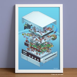 May include: A white Nintendo Wii console is disassembled, revealing its internal components and various video game characters. The console is shown in a layered, exploded view, with each layer showcasing a different part of the system. The image is a colourful and detailed illustration of the Wii console's inner workings.