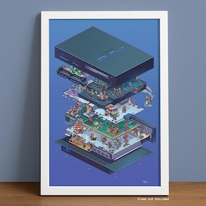 May include: A detailed illustration of a disassembled PlayStation 2 console, with each component layered on top of the other. The console is depicted against a blue background, with small figures representing characters from popular PlayStation 2 games.