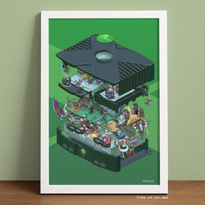 May include: A green and black illustration of a disassembled Xbox console. The console is shown in layers, with each layer revealing different components and characters from popular Xbox games. The illustration is framed in a white frame.