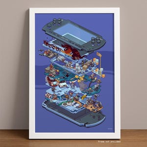May include: An artistic print of a disassembled PSP handheld gaming console, revealing its internal components and miniature characters. The artwork features a blue background and is framed in white. The text "Frame not included" is at the bottom.
