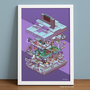 May include: A purple background with a white Super Nintendo Entertainment System (SNES) console disassembled and stacked on top of each other. The console is filled with characters from popular SNES games, including Super Mario World, Street Fighter II, and The Legend of Zelda: A Link to the Past.