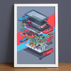 Peut inclure: Illustration isométrique d'une console de jeu, décomposée pour montrer les composants internes et les personnages. L'œuvre d'art présente un code couleur rouge et bleu, avec le texte "Frame not included" en bas.