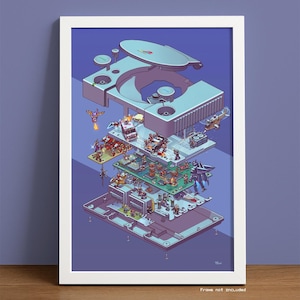 May include: A colorful illustration of a disassembled PlayStation console, showing the internal components and various video game characters. The console is shown in a layered, exploded view, with each layer revealing a different part of the system. The illustration is set against a purple background.