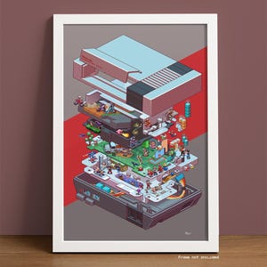 May include: A vintage Nintendo Entertainment System (NES) console is disassembled, revealing a detailed illustration of iconic video game characters and elements from classic NES games. The console is shown in a layered, exploded view, with each layer representing a different part of the system. The illustration is rendered in a pixelated style, reminiscent of the NES's graphics. The characters and elements include Mario, Luigi, Donkey Kong, Link, Samus Aran, and many more.
