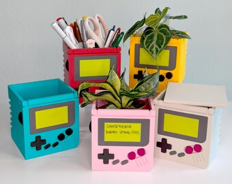 Retro Handheld Planter and Storage Box | 4" 3D Printed Pot for Houseplants | Gamer Desk Organization Decor