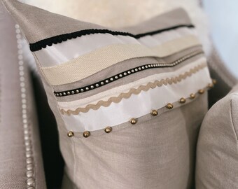 Textured Hand Sewn Linen Cushion. Natural colour, lounge cushion, bedroom, unique, sustainable, one of a kind.