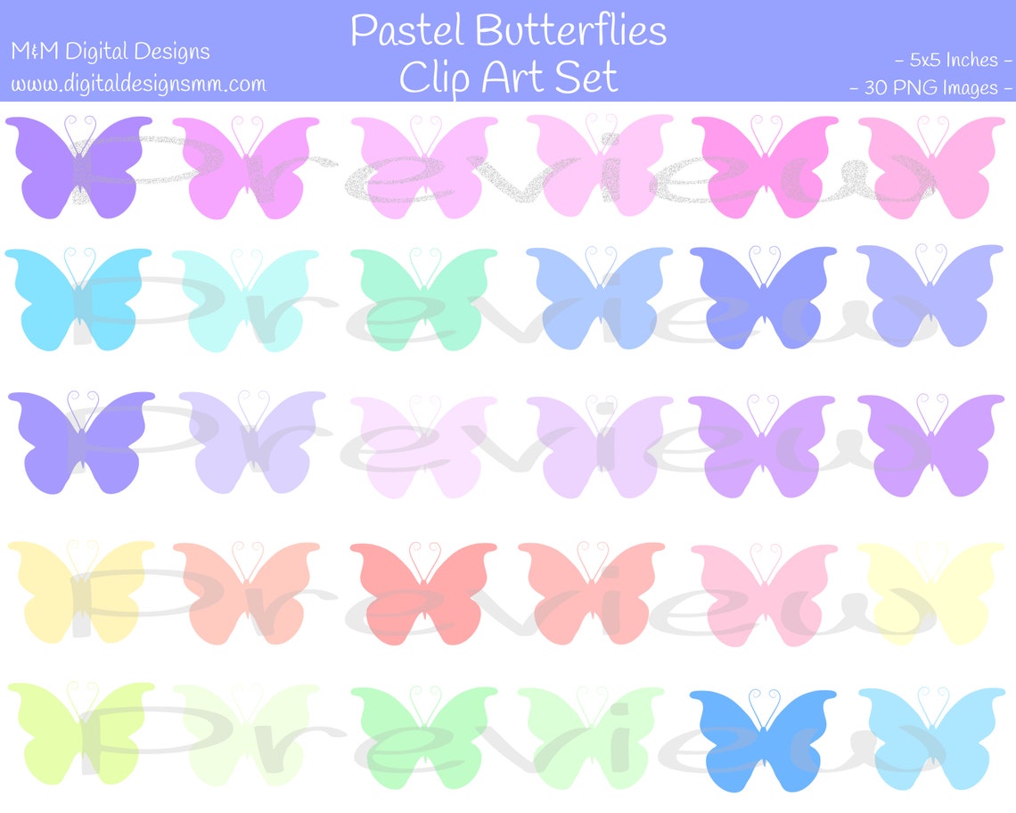 Pastel Butterflies Digital Clip Art Set 30 Individual PNG Etsy