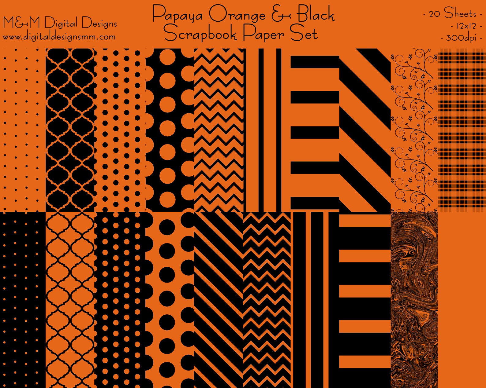 Papaya Orange & Black Scrapbook Papers. 12x12 Digital Paper Etsy