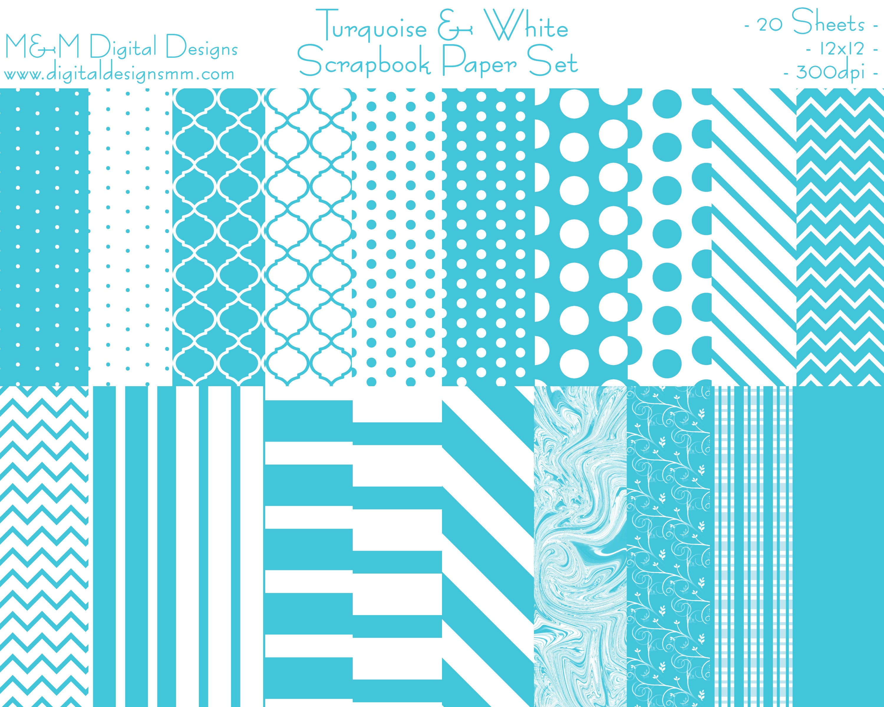 Turquoise and White Scrapbook Paper Set. 12x12 Digital Paper Etsy UK