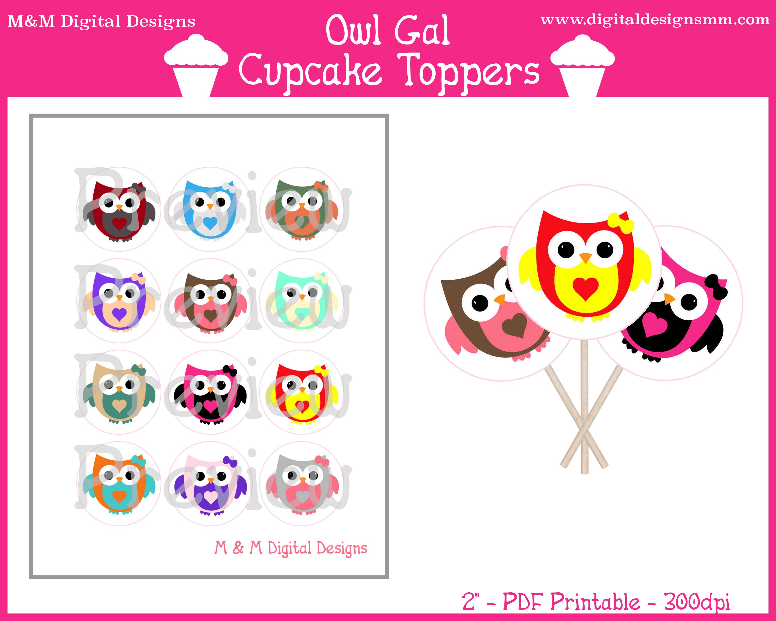 Owl Gal Cupcake Toppers PDF Digital 2 Inch | Etsy