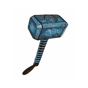 May include: Embroidered patch featuring Thor's hammer, Mjolnir. The hammer head is blue with a textured design and a circular emblem. The handle is brown with blue stripes and a brown loop at the end. Perfect for jackets, bags, or cosplay.