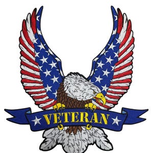 May include: Embroidered patch featuring a bald eagle with outstretched wings, incorporating the American flag's colors and stars. A blue banner displays the word "VETERAN" in gold lettering, with stars on each end. The eagle's head is white and brown.