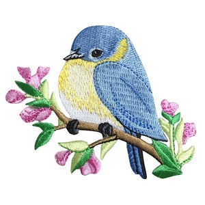 Blue Bird On Branch Embroidered Iron On Patch - 155-W