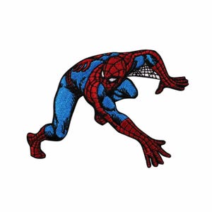 May include: Embroidered patch featuring Spider-Man in a crouching pose. The superhero is depicted in his classic red and blue costume, with web detailing on his hands and head. The patch is likely for application on clothing or accessories.