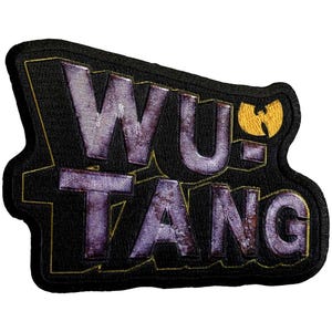 May include: A black embroidered patch featuring the text "WU-TANG" in purple, with a gold outline. The Wu-Tang Clan logo, a yellow W, is in the upper right corner. The patch has a unique, irregular shape.
