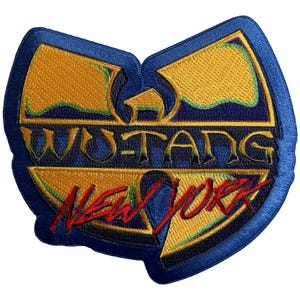 May include: Embroidered patch in the shape of a stylized letter W, with a blue border and gold and blue interior. The text "WU-TANG" is embroidered in gold, and "NEW YORK" in red.