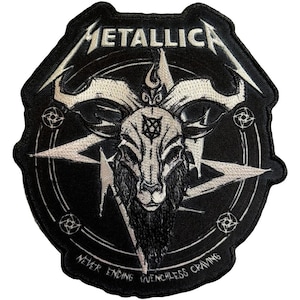 May include: Black and white embroidered patch featuring the band name "METALLICA" above a goat skull with a pentagram. The text "NEVER ENDING QUENCHLESS CRAVING" is below the goat skull. The patch has a black border.