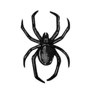 May include: Black embroidered spider patch with eight legs and a detailed body. The spider is centered on a white background. This patch is suitable for clothing, bags, or other fabric items.