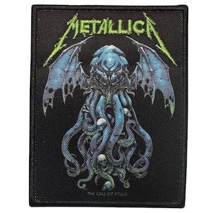 May include: Black rectangular patch featuring the band name "METALLICA" in neon green above a blue and teal Cthulhu-inspired design. The text "THE CALL OF KTULU" is at the bottom. The patch has a black border.