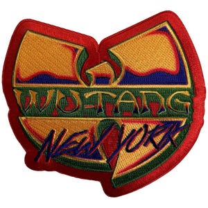May include: Embroidered patch featuring the Wu-Tang Clan logo in a red, gold, green, and blue color scheme. The patch includes the words "WU TANG" and "NEW YORK" in a stylized font, perfect for jackets or bags.