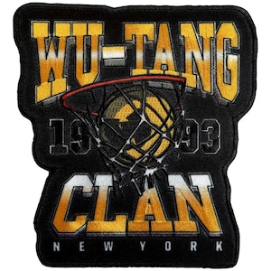 May include: Black patch with gold and white text that reads "WU-TANG CLAN NEW YORK 1993" above a basketball net and ball graphic. The patch has a black border.