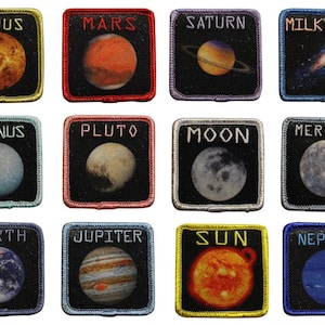 May include: Set of twelve embroidered patches featuring planets and celestial bodies. Each patch has a black background with a colorful image of a planet or galaxy, and the planet's name in white text. Includes Venus, Mars, Saturn, Milky Way, Uranus, Pluto, Moon, Mercury, Earth, Jupiter, Sun, and Neptune.