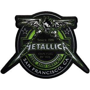 May include: Black and green embroidered patch featuring the band Metallica's logo. The design includes a skull with wings, crossed swords, and the text "METALLICA" and "SEEK AND DESTROY, SAN FRANCISCO, CA". The patch reads "SINCE 1981" and "100% FUEL BY VOL."