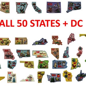 May include: A collection of embroidered patches, each shaped like a U.S. state, with detailed illustrations of state symbols and landmarks. The text "ALL 50 STATES + DC" is displayed in red. These patches are colorful and feature various designs.