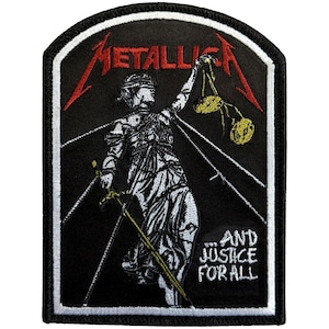 May include: Black and white embroidered patch featuring the Metallica logo in red and a depiction of Lady Justice holding scales and a sword. The text "AND JUSTICE FOR ALL" is below the figure.