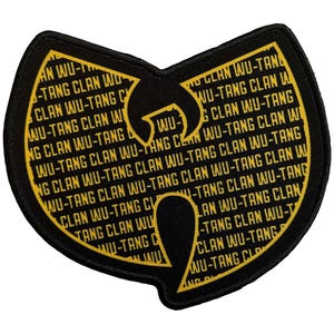 May include: Black and yellow embroidered patch in the shape of the Wu-Tang Clan logo. The logo features the words "WU-TANG CLAN" repeated in a yellow font on a black background. The patch is a unique accessory.