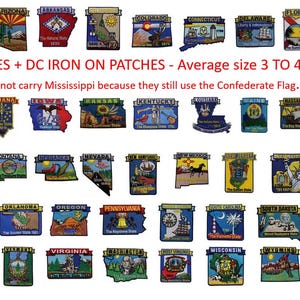 May include: Collection of 49 state and DC iron-on patches, each featuring a unique design representing the state. Average size is 3 to 4 inches. The patches are colorful and detailed, showcasing state symbols and landmarks.