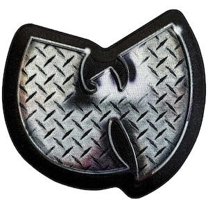 May include: A black patch featuring the Wu-Tang Clan logo in a silver, diamond-plate design. The logo is outlined in black, creating a bold contrast. This patch is suitable for jackets, bags, or other fabric items.