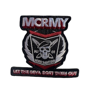 May include: Embroidered patch with the text "MCRMY" in white on a black and red background. The patch features a skull with a beret, wings, and the words "Never Surrender" and "Let the Devil Sort Them Out".