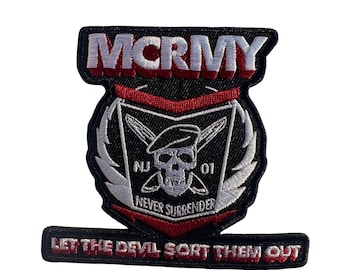 May include: Embroidered patch with the text "MCRMY" in white on a black and red background. The patch features a skull with a beret, wings, and the words "Never Surrender" and "Let the Devil Sort Them Out".