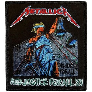 May include: Black square patch featuring the Metallica logo in red and white. The patch depicts a figure in blue robes holding scales, with the text "...AND JUSTICE FOR ALL 89" in green and white.