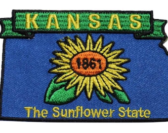 State Of Kansas Embroidered Iron On Patch - Sunflower Travel Souvenir