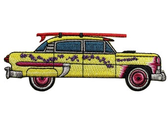Yellow Car & Surfboard Embroidered Iron On Patch - Surfing Surf Board