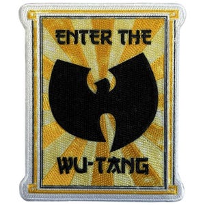 May include: Embroidered patch featuring the Wu-Tang Clan logo in black, set against a yellow and gold burst design. The words "ENTER THE" and "WU-TANG" are displayed in gold lettering. The patch has a white border.