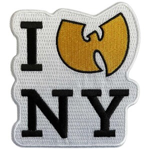 May include: Embroidered patch with a white background and a wavy border. The patch features the words "I NY" in black block letters, with a gold emblem in the shape of a stylized "W" in the center.