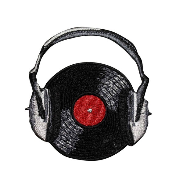 Record With Headphones Embroidered Iron On Patch - Music Album