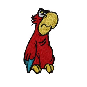 May include: Embroidered patch featuring a cartoon parrot in red, yellow, black, and blue. The parrot has a large yellow beak and is looking upwards. The patch is likely for clothing or accessories.