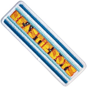 May include: Embroidered patch with the text "BEASTIE BOYS" in yellow and black, set against a blue and white striped background. The patch has a white border and a rectangular shape. Ideal for jackets, bags, or other apparel.