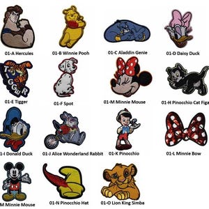 May include: A collection of embroidered patches featuring various Disney characters. Includes Hercules, Winnie the Pooh, Aladdin's Genie, Daisy Duck, Tigger, Spot, Minnie Mouse, Figaro, Donald Duck, Alice in Wonderland's Rabbit, Pinocchio, and Simba.